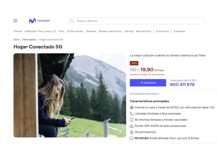 Web de Movistar con la oferta de Hogar Conectado cinco G para internet en zonas rurales sin fibra óptica.