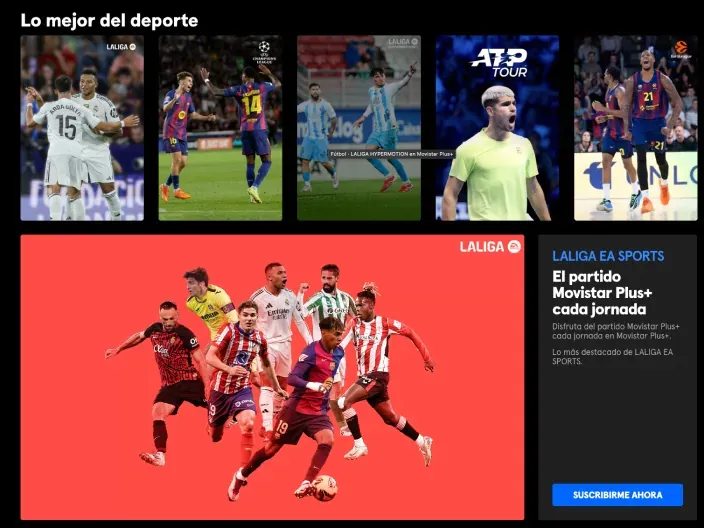 Interfaz de Movistar Plus mostrando el catálogo deportivo con LALIGA EA SPORTS y partidos destacados
