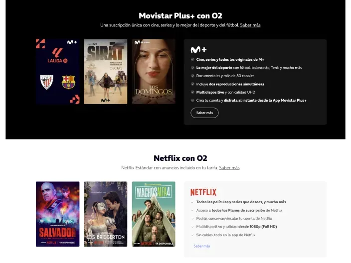 Web de O2 ofreciendo suscripciones a Movistar Plus y Netflix para ver cine series y fútbol en streaming.