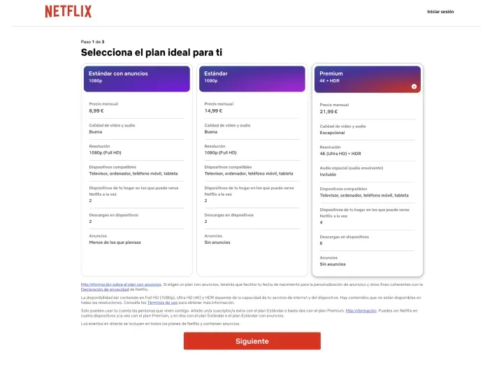 Comparativa de precios y planes de Netflix: Estándar con anuncios, Estándar y Premium desde 8,99 euros al mes.