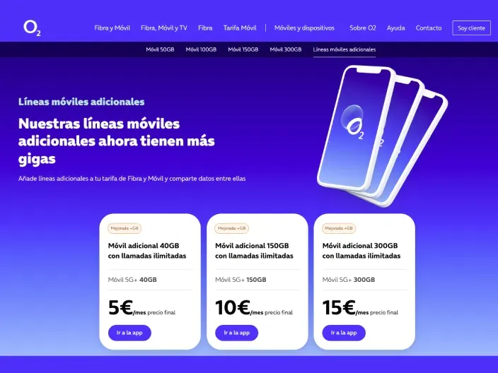 Líneas adicionales de O2 con más gigas y llamadas ilimitadas: opciones de 40GB, 150GB y 300GB desde solo 5€.
