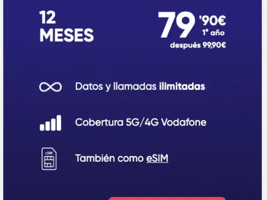 Oferta de Black Friday. Tarifa móvil de 12 meses por 79,90€ con datos y llamadas ilimitadas y cobertura 5G/4G de Vodafone.