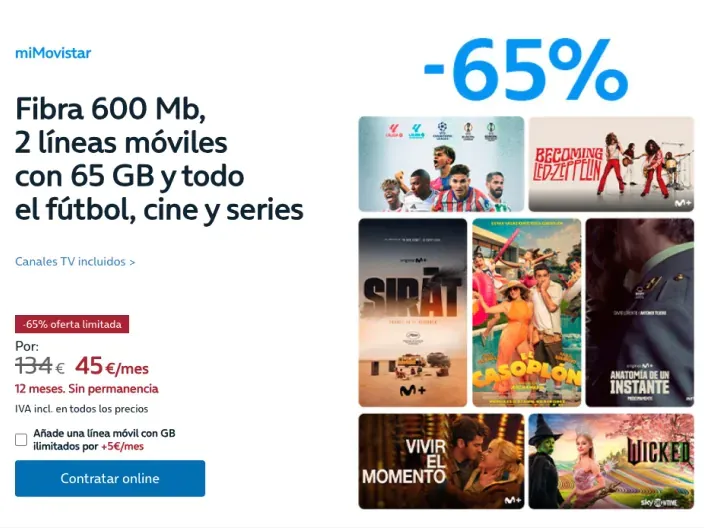Oferta de miMovistar con un 65% de descuento en un paquete de fibra, 2 líneas móviles, fútbol, cine y series por 45€ al mes.