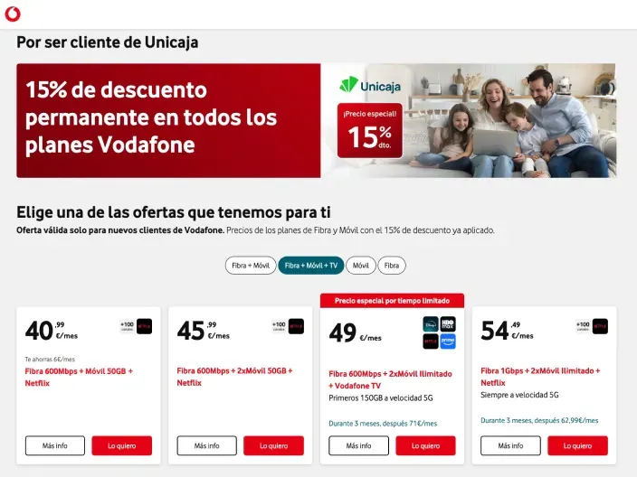 Ofertas de Vodafone para clientes de Unicaja con un 15% de descuento. Tarifas de fibra, móvil y TV con precios especiales.