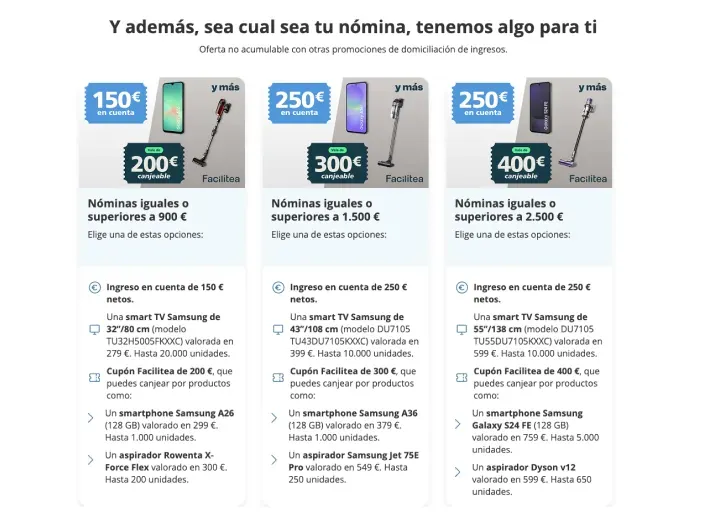 Oferta CaixaBank por domiciliar nómina con regalos como TV Samsung móvil o aspirador Dyson.