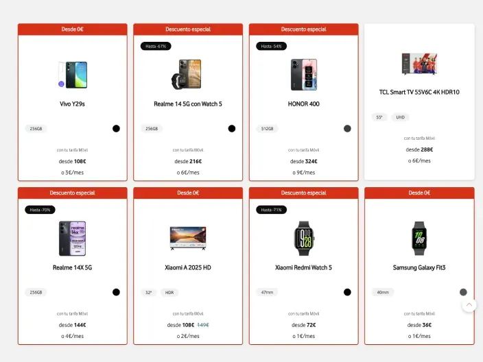 Catálogo de ofertas Vodafone con móviles 5G, relojes y TV desde 0 euros o con descuento especial.