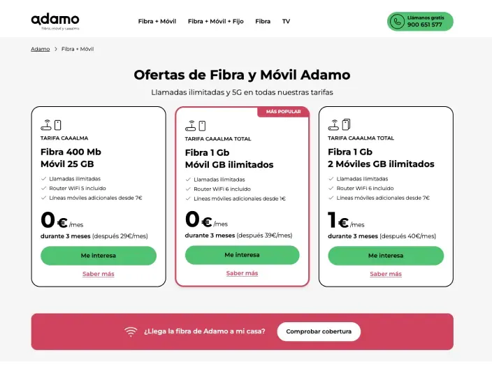 Web de Adamo con planes de fibra óptica de un giga y líneas móviles con datos ilimitados para el hogar.