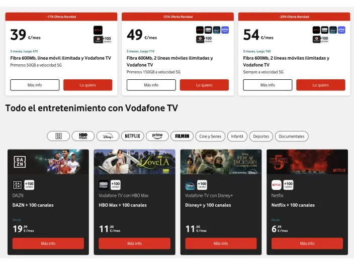 Captura de las ofertas y paquetes de entretenimiento de Vodafone TV con servicios como Netflix, HBO Max, Disney+ y DAZN