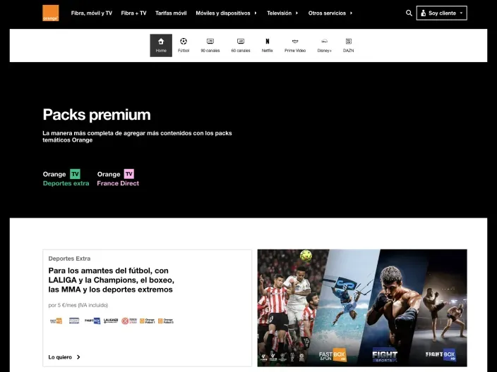 Web de Orange TV con los packs premium de deportes incluyendo LaLiga, la Champions League y boxeo por cinco euros al mes.