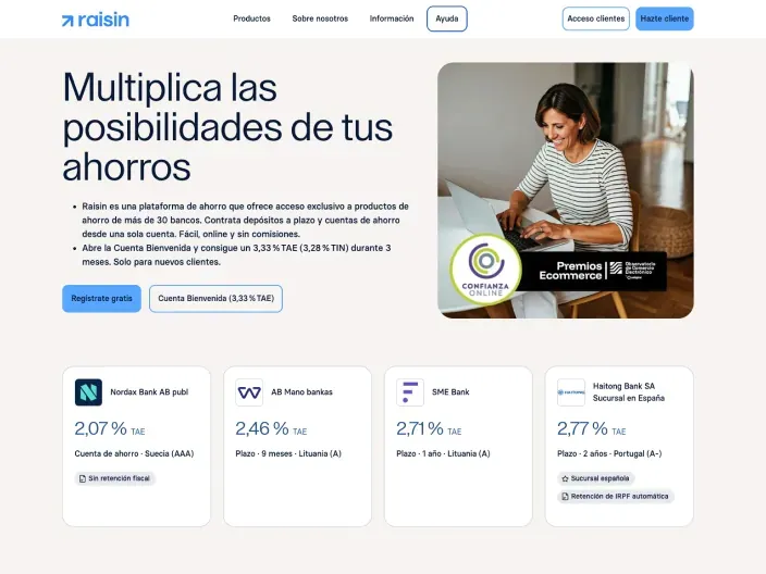 Página web de la plataforma de ahorro Raisin, con sus ofertas de depósitos a plazo fijo en bancos europeos.