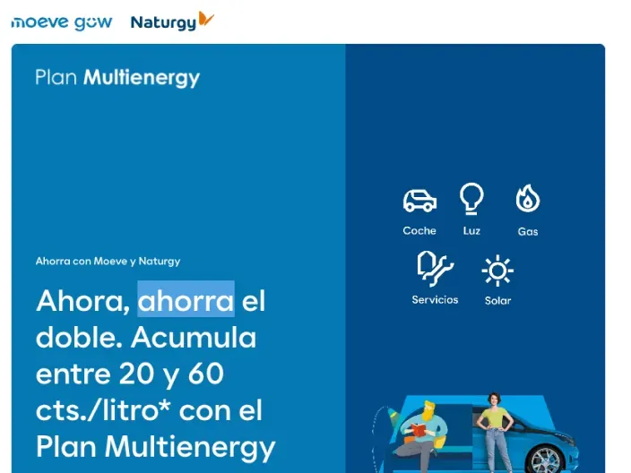 Creatividad promocional del Plan Multienergy de Moeve y Naturgy con iconos de coche, luz, gas, servicios y solar
