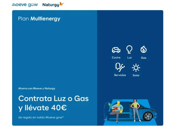 Banner del plan Multienergy de Moeve y Naturgy con oferta de 40 euros por contratar luz o gas