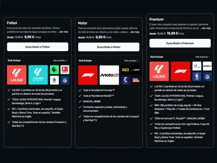 Nuevos planes de precios y suscripciones de DAZN: Fútbol, Motor y Premium, con las competiciones que incluye cada uno.