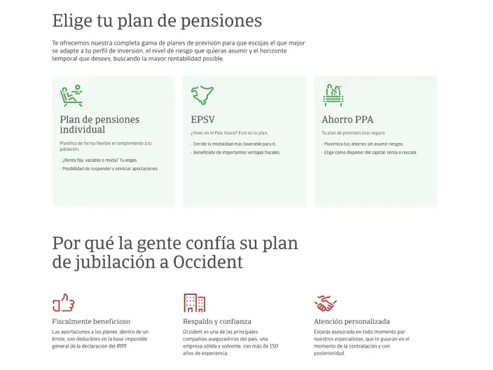 Planes de pensiones de Occident: opciones de plan individual, EPSV y ahorro PPA para la jubilación.