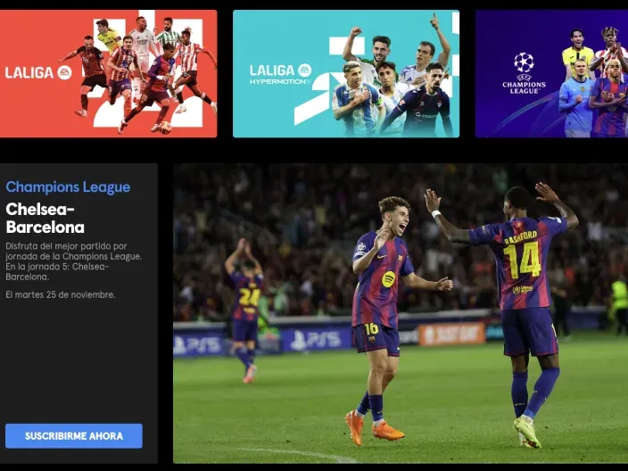 Interfaz de Movistar Plus+ mostrando la oferta deportiva con partidos de LaLiga y Champions League como Chelsea-Barcelona.