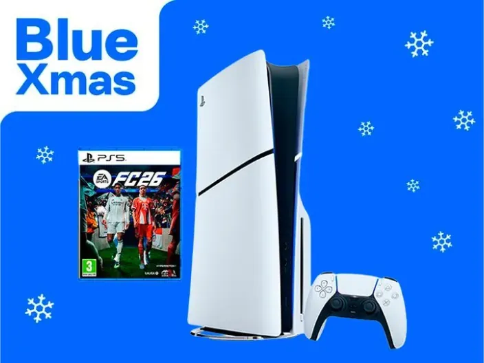 Consola PlayStation 5 con mando y juego EA Sports FC 26 en promoción Blue Xmas