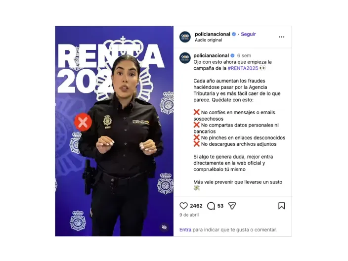 Aviso de la Policía Nacional sobre fraudes y phishing en la campaña de la Renta 2025 para evitar estafas.