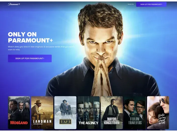Portada de la web de Paramount+ con imagen de Dexter y catálogo de series exclusivas.