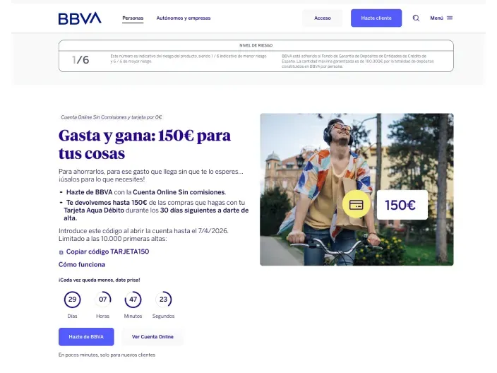 Web de BBVA con promoción de ciento cincuenta euros por abrir una Cuenta Online sin comisiones y usar la tarjeta de débito.