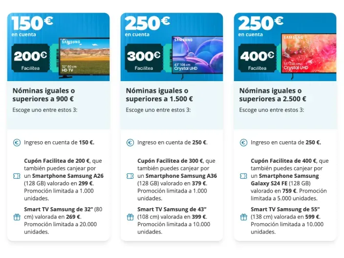 Promoción de regalos de CaixaBank por domiciliar la nómina: dinero en cuenta, cupones o regalos como Smart TV y móviles Samsung.