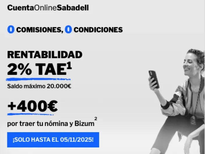 Publicidad de la Cuenta Online Sabadell con 2% TAE de rentabilidad y 400€ extra por domiciliar la nómina.