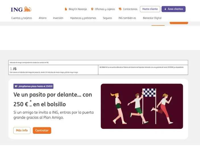 Web de ING con promoción Plan Amigo de doscientos cincuenta euros por contratar cuenta nómina y cuenta naranja.