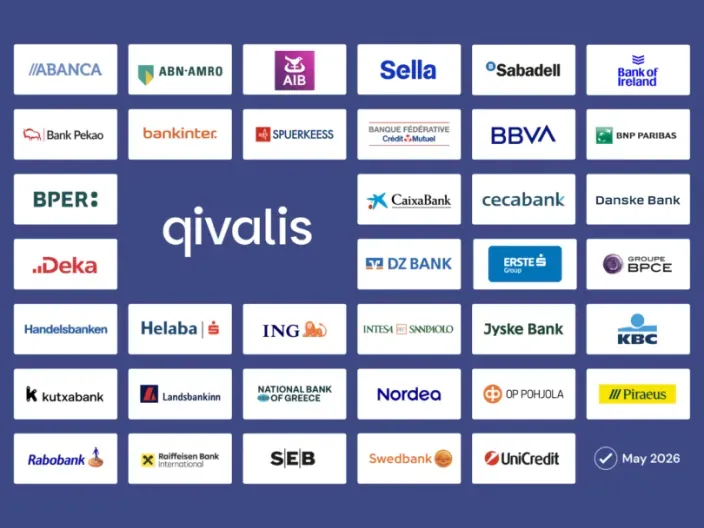 Logos de bancos europeos como Sabadell, BBVA y CaixaBank asociados a Qivalis en mayo de 2026.