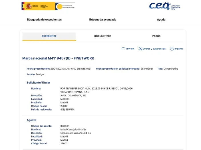Captura de la OEPM con la marca nacional FINETWORK registrada por Vodafone España.