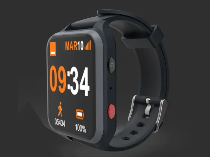 Smartwatch de teleasistencia para mayores con botón SOS rojo, localizador GPS y contador de pasos.