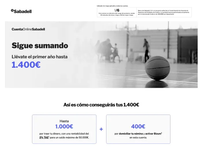 Promoción Cuenta Online Sabadell: gana hasta 1.400€ el primer año con rentabilidad del 2% TAE y bonificación por nómina.