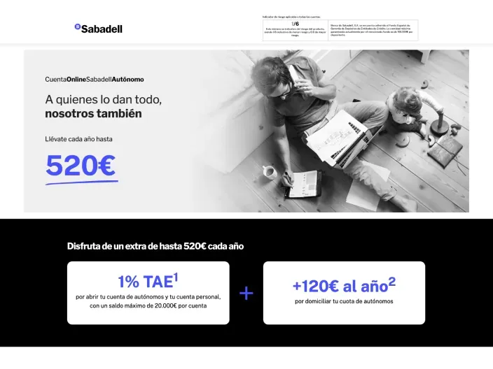 Cuenta online para autónomos de Banco Sabadell con devolución de quinientos veinte euros.