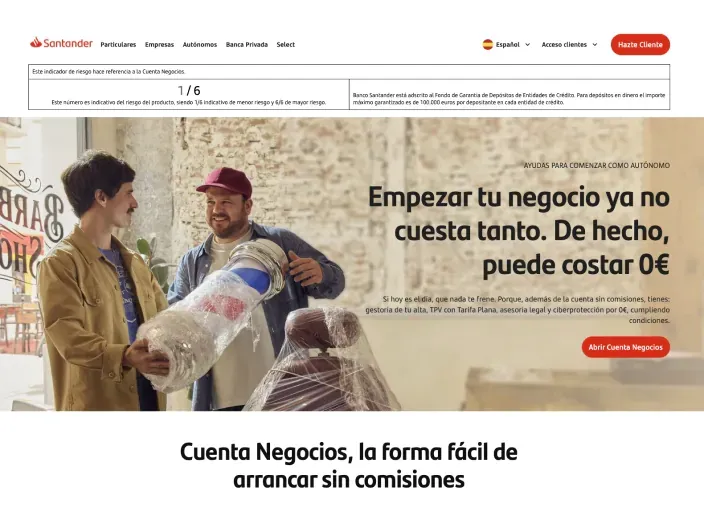 Oferta de cuenta negocios de Banco Santander sin comisiones para nuevos emprendedores.