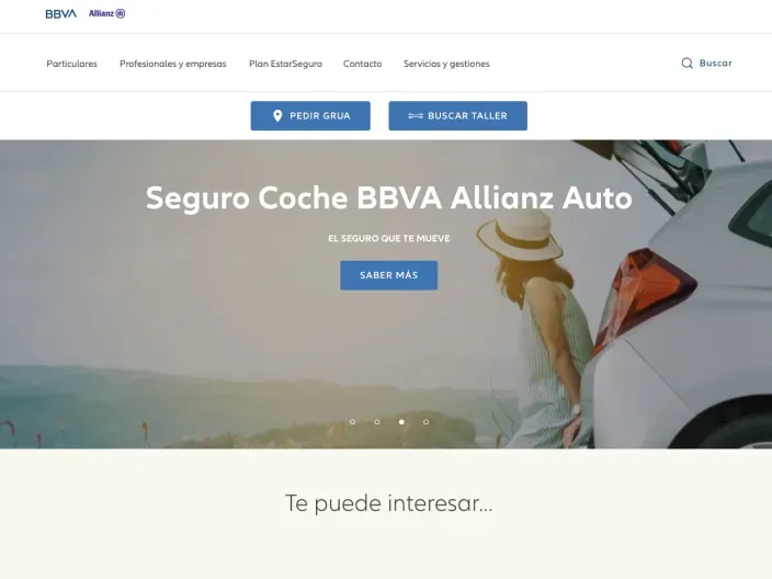 Web de BBVA y Allianz con el Seguro Coche Allianz Auto con servicios de grúa y búsqueda de taller.