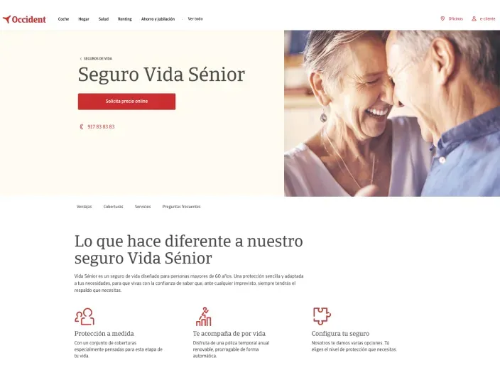 Web de Occident promocionando el Seguro Vida Sénior para mayores de sesenta años con coberturas de protección a medida.