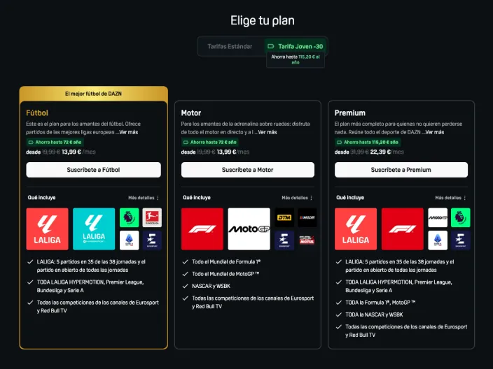 Planes de suscripción y precios de DAZN para la temporada, con los paquetes Fútbol, Motor y Premium y la Tarifa Joven -30.