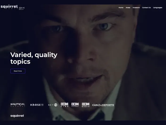 Portada de la web de Squirrel Media con los logotipos de sus canales como Squirrel y BOM Cine.