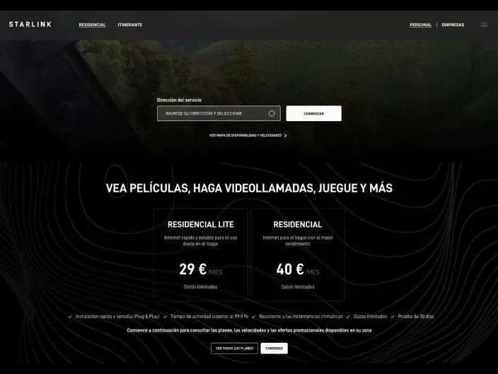 Web oficial de Starlink con precios de tarifas de internet por satélite residencial y Lite.