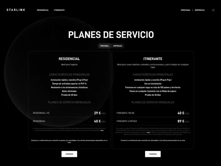 Planes de servicio de Starlink con tarifas residencial e itinerante para internet vía satélite.