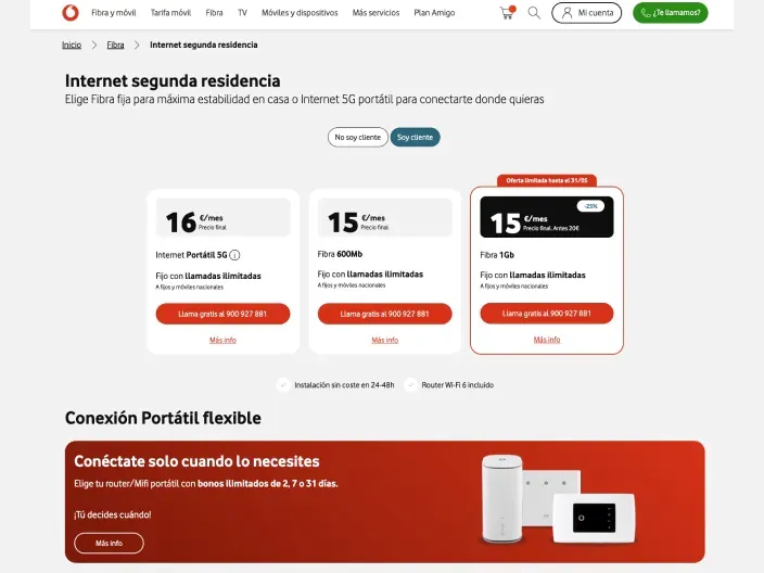 Ofertas Vodafone internet segunda residencia: fibra 1Gb por 15€ y wifi portátil 5G con bonos ilimitados.