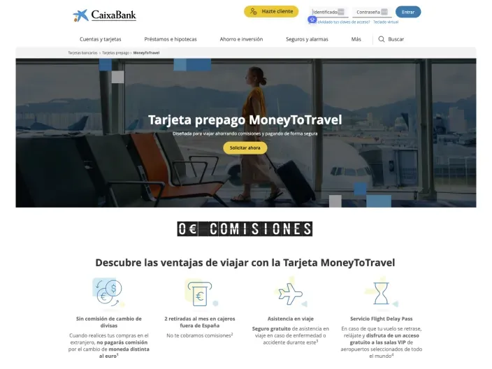 Web de CaixaBank con la oferta de la tarjeta prepago MoneyToTravel sin comisiones y con asistencia para viajes al extranjero.