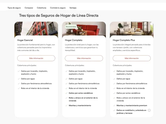Web de Línea Directa con tres tipos de seguros de hogar esencial, completo y completo plus con sus coberturas detalladas.
