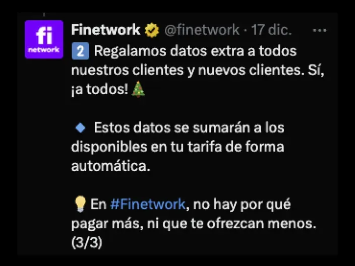 Tuit de Finetwork anunciando regalo de datos extra en Navidad a todos los clientes.