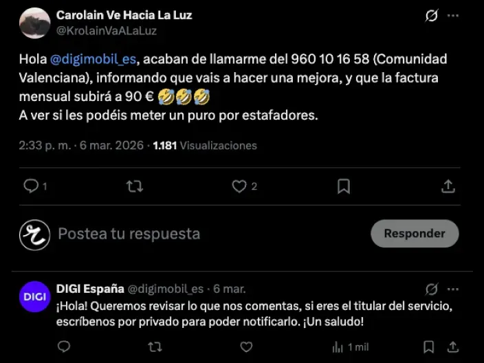 Captura de X con una denuncia por estafa telefónica y la respuesta oficial de atención al cliente de DIGI España.