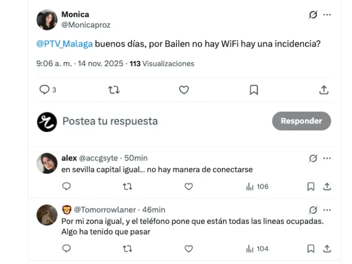 Captura de pantalla de Twitter. Clientes de PTV Málaga reportan una incidencia de WiFi en Bailén y Sevilla el 14 de nov. de 2025.