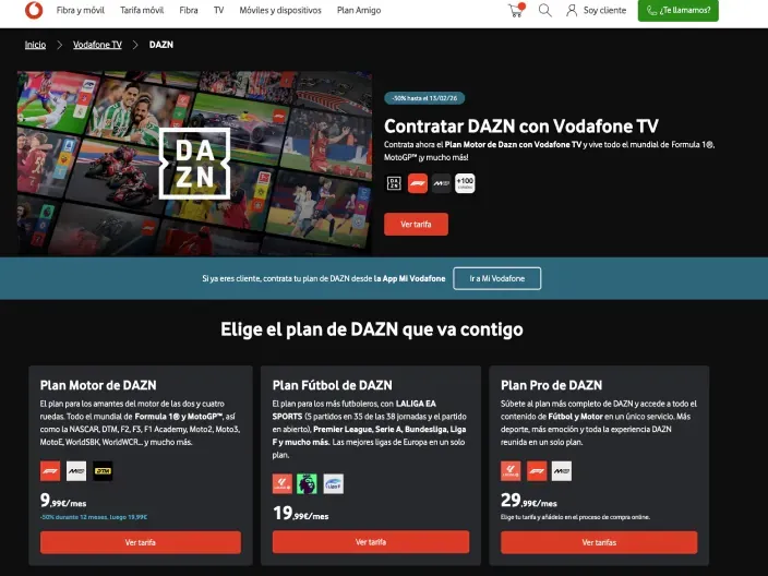 Oferta web de planes DAZN en Vodafone TV con Motor Fútbol y Pro desde 9,99€ al mes.