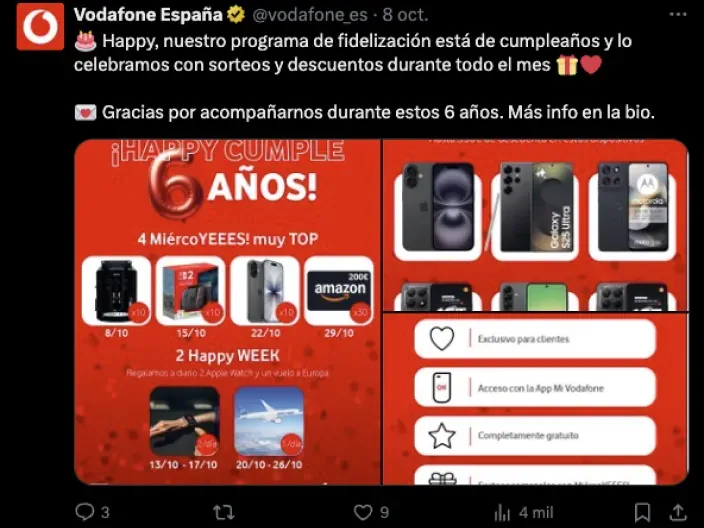 Captura de un tuit de Vodafone España celebrando los 6 años de su programa de fidelización Happy con sorteos y descuentos.