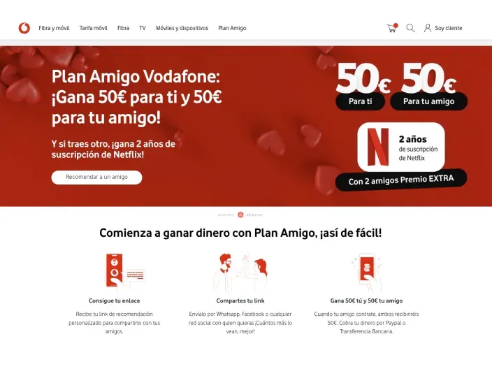 Web del Plan Amigo de Vodafone para ganar 50 euros y Netflix gratis al recomendar la compañía a nuevos clientes.