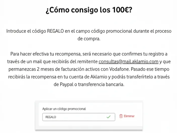Instrucciones para conseguir 100€ de regalo en Vodafone usando el código promocional REGALO a través de Aklamio.