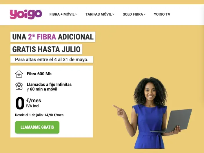 Oferta de Yoigo: segunda fibra de 600Mbps gratis hasta julio para contrataciones entre el 4 y 31 de mayo.