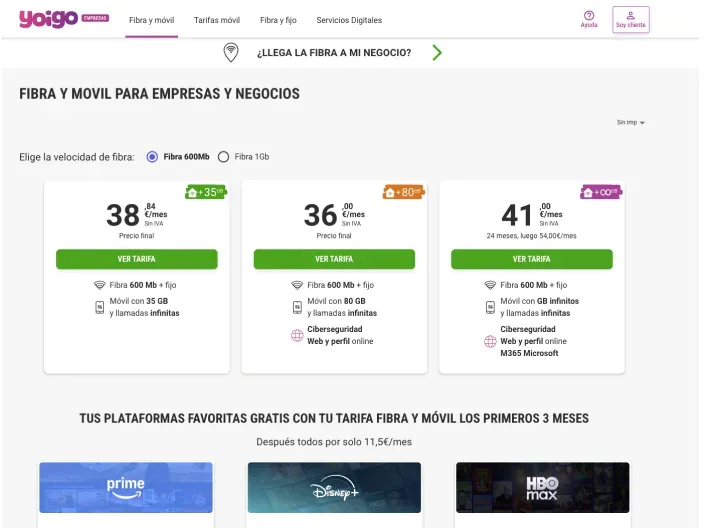 Captura de la web de Yoigo Empresas con la comparativa de sus tarifas de fibra y móvil para autónomos y negocios.